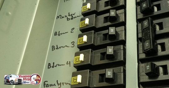 An electrical panel with circuit breakers labeled in marker